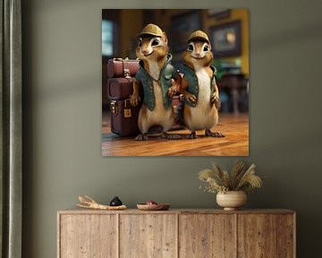 Humorvolle fotorealistische Illustration von zwei reisenden Erdhörnchen von Beeld Creaties Ed Steenhoek | Fotografie und künstliche Bilder