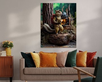Humorvolle fotorealistische Illustration eines reisenden Eichhörnchens