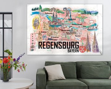 Geïllustreerde kaart van Regensburg met straten en toeristische hoogtepunten van Markus Bleichner