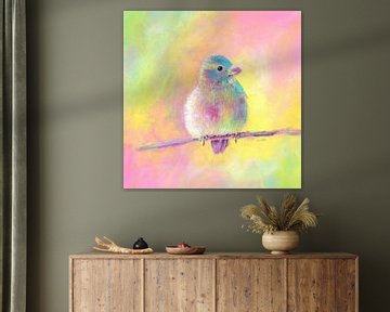 Doux oiseau coloré peinture acrylique carrée sur Karen Kaspar