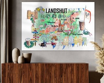Landshut Geïllustreerde Kaart met Straten en Toeristische Hoogtepunten