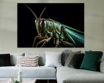Grasshopper Portrait Black Background by Digitale Schilderijen