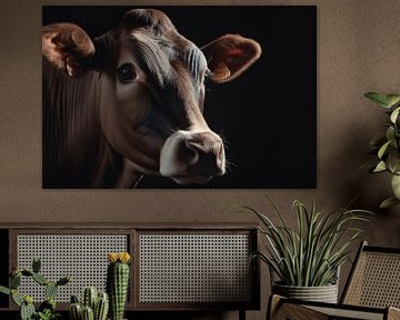 Bruine Koe Portret Zwarte Achtergrond van Digitale Schilderijen