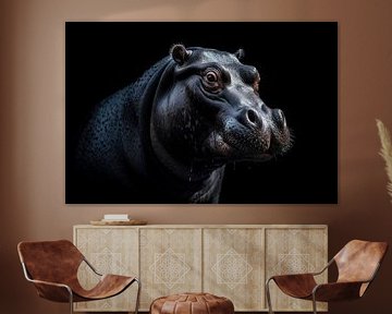 Portrait d'hippopotame fond noir sur Digitale Schilderijen