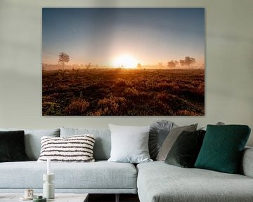 Warm sunrise on horizon of moorland landscape by Maarten Zeehandelaar