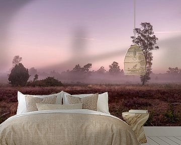 Mistig Nederlands heide landschap van Maarten Zeehandelaar