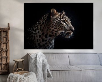 Portrait de léopard Fond noir sur Digitale Schilderijen