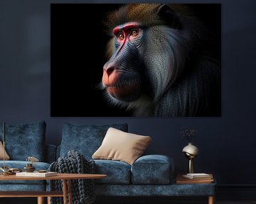 Mandrill Monkey Portrait Black Background by Digitale Schilderijen