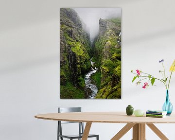 Mistige groene kloof op IJsland