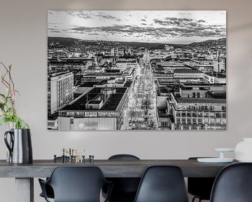 De skyline van Stuttgart met de Königstraße - monochroom