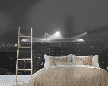 De verlichte Feijenoord Stadion De Kuip tijdens de klassieker in zwart/wit van MS Fotografie | Marc van der Stelt
