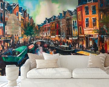 De Oudezijds Voorburgwal in Amsterdam als impressionistisch schilderij van Roger VDB