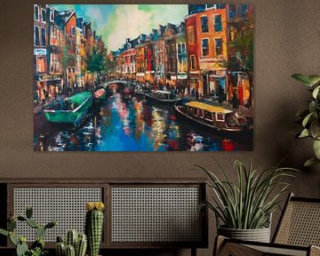 De Oudezijds Voorburgwal in Amsterdam als impressionistisch schilderij van Roger VDB