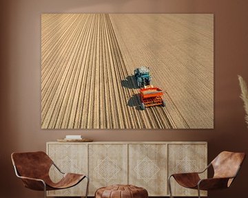 Tractor planting potato seeldings in  the soil during springtim by Sjoerd van der Wal Photography