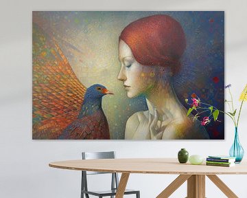 Mozaiek pointillisme vrouw met rood haar en vogel. van Digitale Schilderijen