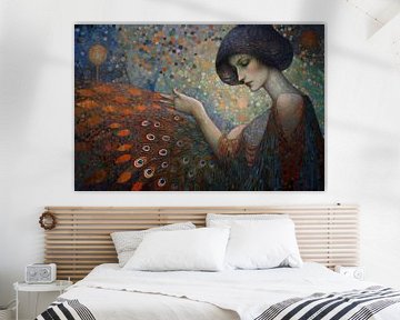 Mosaik-Pointillismus Frau mit Pfauenfedern von Digitale Schilderijen