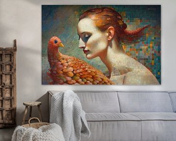 Mosaic Pointillism Red Hair And Feathers by Digitale Schilderijen