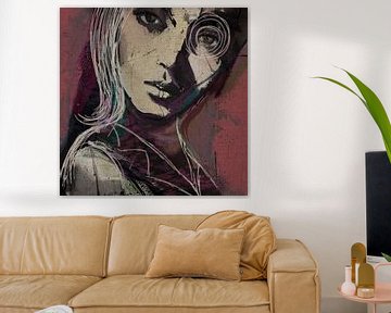 Eyes of Wonder | Vrouwenportret - Expressief, urban portret schilderij in roze, paars en groen van MadameRuiz