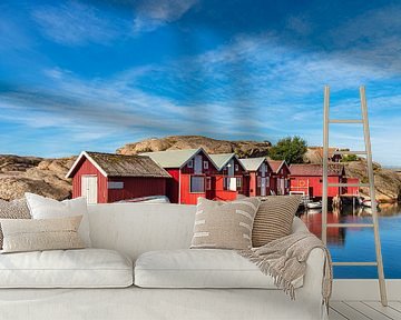 Haven met boothuizen in het dorp Smögen in Zweden van Rico Ködder