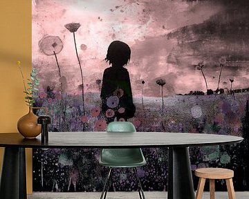 Meisje in bloemenveld pastel van Bianca ter Riet