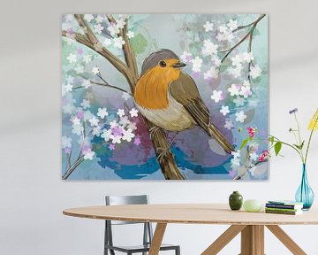 Robin in a blossom tree by Bianca Wisseloo