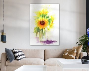 Zonnebloemen stilleven met glazen vaas Aquarel schilderij van Karen Kaspar
