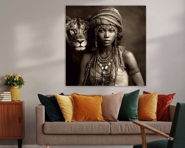 Femme africaine avec un lion sur Carla Van Iersel