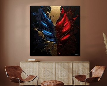 abstract in goud rood en blauw. van Gelissen Artworks