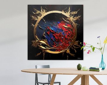 abstract in goud rood en blauw. van Gelissen Artworks