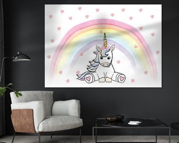 Unicorn with rainbow and hearts by Debbie van Eck