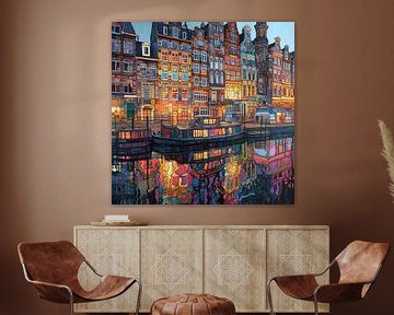 Maisons sur les canaux d'Amsterdam la nuit, en couleurs sur Tableaux ARTEO