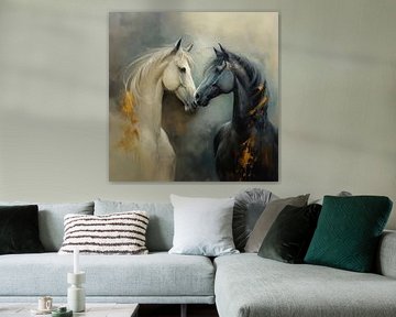 Horse love: a white and black horse with their heads facing each other by Studio Allee