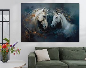 Horse love: two white horses together in the wind by Studio Allee