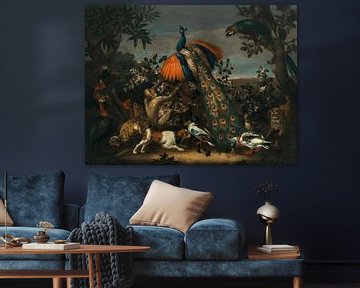 Exotische Vögel, ein Pfau mit einem Affen und Hunden in einer Landschaft, Antoine Monnoyer