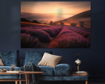 Lavender field on a sloping hillside during sunrise