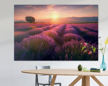 Lavender field during sunset with lone tree by Pieter Struiksma