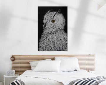 Witte Uil , geschilderd in  een stijlvolle, zwarte achtergrond van Ankie Jochems