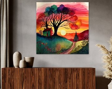 Watercolor Folk Art Sunset #1 by Chromatic Fusion Studio