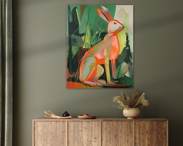 Kleurrijke haas in oranje en groen van Studio Allee