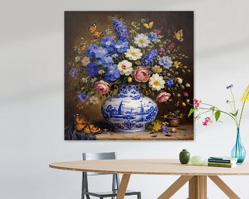 Delfter Blau Stillleben mit Blumen und Schmetterlingen von Moonheart Artworks