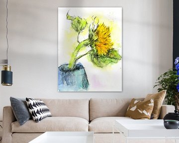 Blauwe vaas met gele zonnebloem Aquarel en houtskool van Karen Kaspar