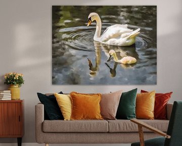 Swan and young swim by FJB