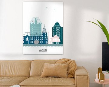 Skyline illustration city of Almere in colour by Mevrouw Emmer