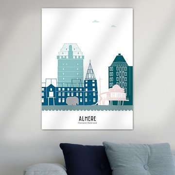 Skyline illustration city of Almere in colour by Mevrouw Emmer