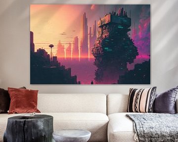 Zonsopgang in futuristische stad, vaporwave, retro-futurisme van Hive Arts Studio