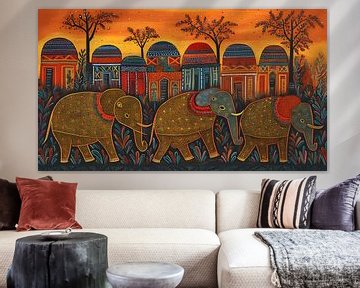 Elephants walk past village - Gond by FJB