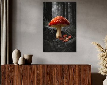 Woody Contrast: Red Mushroom in Black and White by Christian Ovís