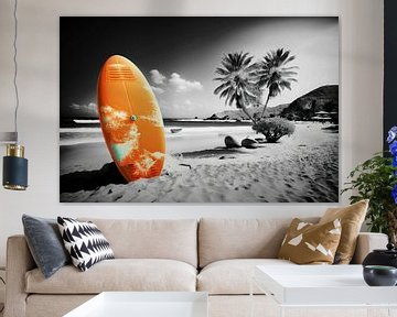 Beach Vibes: Orange Surfboard in Black and White by Christian Ovís