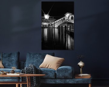 VENICE Rialto Bridge at Night in black and white by Melanie Viola