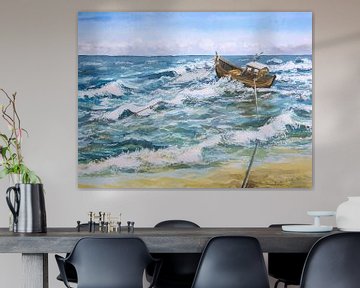 Vissersboot in de golven Aquarel schilderij van Karen Kaspar